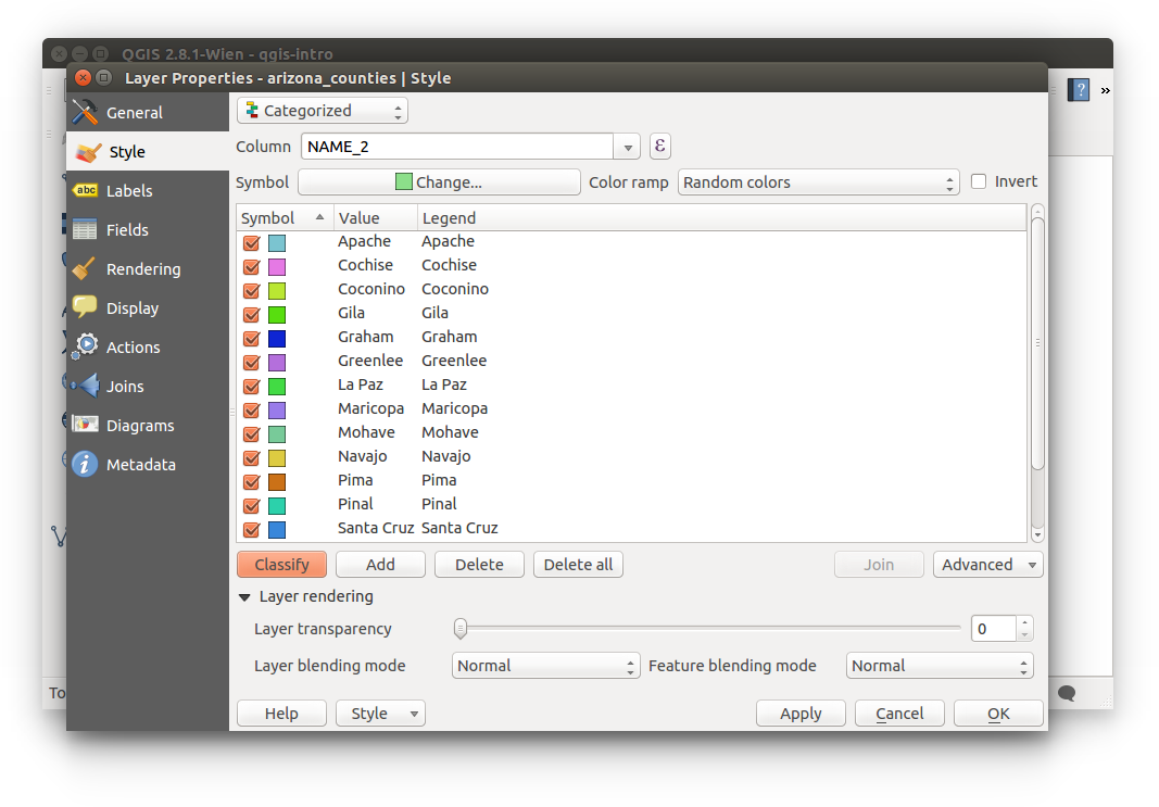 Spatial Data Bootcamp: QGIS - Arizona county categorized by county name