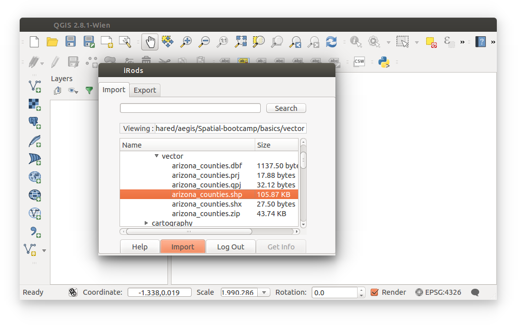 Spatial Data Bootcamp: QGIS - import vector data through iRods